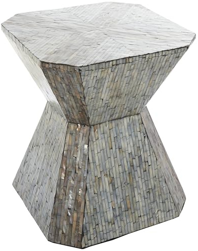 Deco 79 Mother of Pearl Shell Geometric Handmade Side End Accent Table Hourglass End Table with Linear Mosaic Pattern, Side Table 16 x 16 x 20, Gray