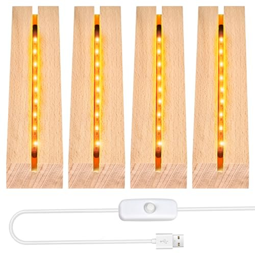 Lot de 4 Bases de Présentation Rectangulaires en Bois, Base de Présentation Rectangulaire avec USB, Socle Lumineux Bois avec LED, pour Plaque en Verre et Résine Acrylique, 15*4.5*3cm, Blanc Chaud