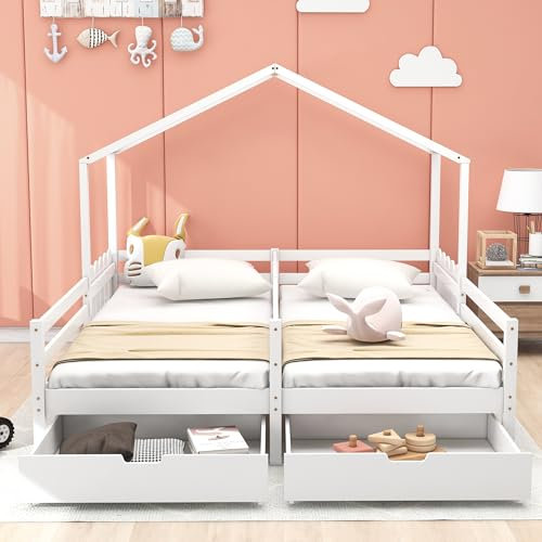 Aunvla Hausbett, Doppelbett, Kinderbett, Gitterbett mit 2 MDF-Schubladen, Schubladen auf Rollen, Lattenrost aus Kiefer, weiß (200x90cm)
