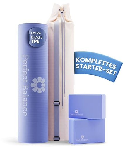Perfect Balance Yoga Matten Set, dicke Yoga Matte, rutschfest aus hochwertigem TPE mit praktischen Yoga Zubehör - mit Retro-Tasche aus Baumwolle, Yoga-Block und ein Yoga-Gurt für die Yogamatte