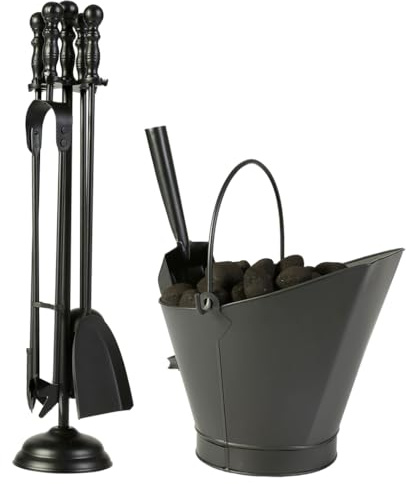 5 Piece Fireplace Accessories Set - Coal Scuttle Kindling Bucket & 4pc Fireside Companion Set Recycled Iron Matte Black Hearth Tidy Fireplace Tools Log Fire Accessories (Tools & Coal Hod)