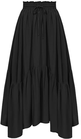 Damen Retro Rock Flared Saum Elastische Taille mit Kordelzug A-Linie Elegant Faltenrock Schwarz XL