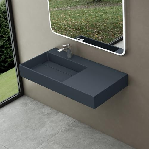 doporro Waschbecken Waschtisch 100x43x14 cm mit verstecktem Ablauf in matt Anthrazit aus Mineralguss als Aufsatzwaschbecken und Hängewaschbecken geeignet Colossum12-L