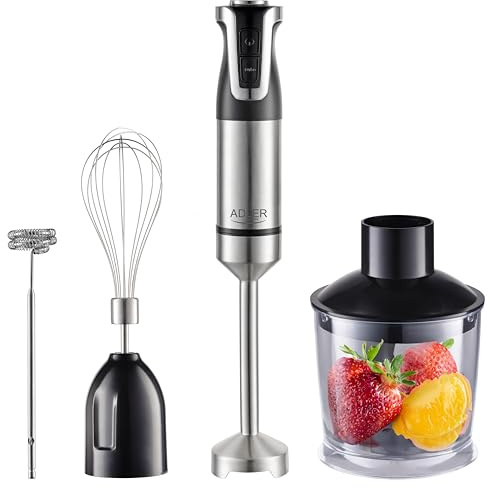 ADLER EUROPE Mixeur Plongeant AD 4627 – 1800 W de puissance, 20 vitesses avec fonction Turbo – 4 lames en acier inoxydable, hachoir 600 ml, verre doseur 700 ml, fouet, mousseur à lait