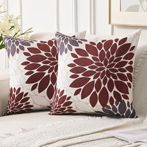 Jayusaror Kissenbezug 50x50 cm Rot und Grau Dahlien Sommer Sofakissen Herbst Deko Kissen Bezug Blumen Outdoor Kissenhülle für Couch Sofa Wohnzimmer Kissenbezüge, 2er Set