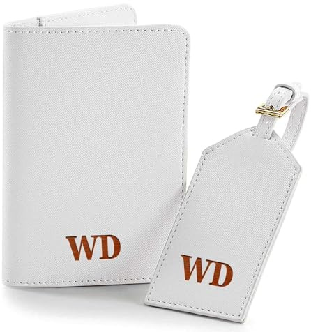 Personalisierte Initial Passport Holder Und Gepäckanhänger Set, Benutzerdefinierte Namen Liebhaber PU Leder Reisepass Abdeckung Kofferanhänger Für Flitterwochen Essentials(White)