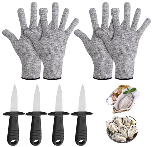 GOEDCH 4 Stück Austernmesser: 4 Stück Handschuhe(M), Oyster Knife Set, Austernöffner Schnittfeste und Handschuhe, Edelstahl Rostfrei Austernmesser Breite Klinge für Schalentiere Oder Hartkäse