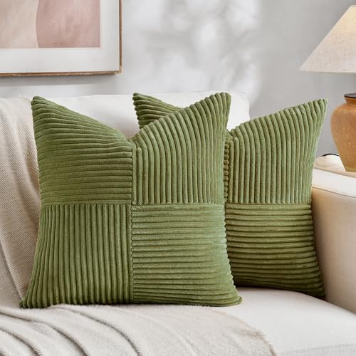 FDTERN 2er Set Gras Grün Kordsamt Kissenbezug 45x45 Weich Moderne Dekorative Kissenbezüge Kissenhülle Dekokissenbezug Sofakissen Dekokissen Boho Deko für Sofa Schlafzimmer Wohnzimmer Bett
