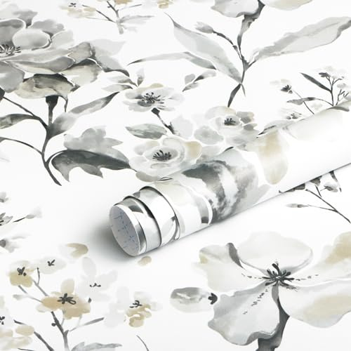 Fiula Papier peint autocollant - 41 x 300 cm - Motif floral gris et blanc - Rouleau de papier contact amovible et imperméable pour salon, chambre à coucher