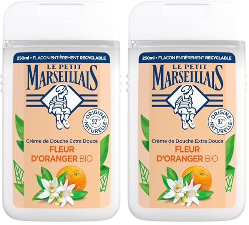 Le Petit Marseillais | Crème de Douche Extra Douce Fleur d'Oranger Bio (flacon de 250 ml) – Gel douche avec 92% d'ingrédients d'origine naturelle – Édition limitée 40 ans (Lot de 2)