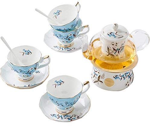 WDSOPK Juego De 13 Piezas De Porcelana China De Hueso para Café Y Té con Tetera De Vidrio Calentado, 4 Tazas, 4 Cucharas Y 4 Platillos para Decoración De Bodas, Regalo para El H