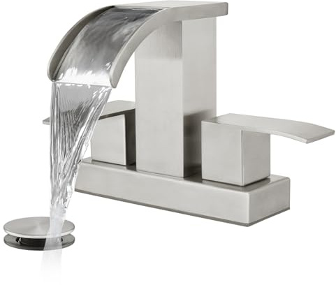 gotonovo Waterfall 4 Inch Centerset Bathroom Sink Faucet 2 Handle Basin Faucets 2 or 3 Hole Deck Mount with Pop Up Drain Included Lavatory Modern Mixer Tap Vanity Faucet Brushed Nickel