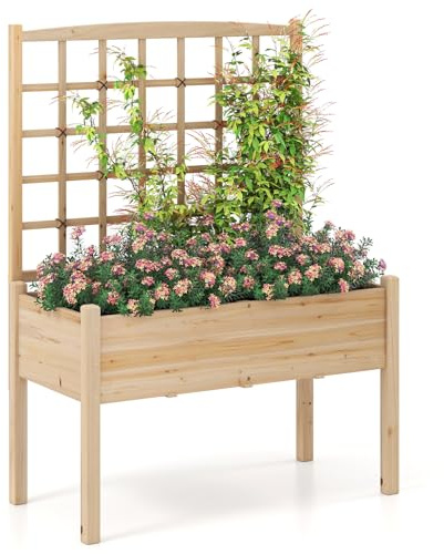 COSTWAY Raised Garden Bed with Trellis, Wooden Elevated Planter Box with Drainage Holes, Plant Herb Vegetable Flower Pot Container for Patio Balcony Yard