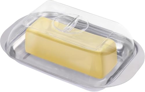Butter Dish with Lid, Stainless Steel Butter Keeper with Clear Plastic Cover, Large Airtight Butter Holder for Fridge or Countertop, 250g Airtight Butter Keeper for Storing Butter Cheese Pastries