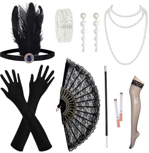 10 StüCk 20er Jahre Accessoires,20er Jahre KostüM Accessoires Damen,Mit Diadem, Armband, FäCher, Handschuhe, Halskette, Ohrringe, StrüMpfe, Lange Rohre, Abschlussball, Mardi Gras Und Halloween