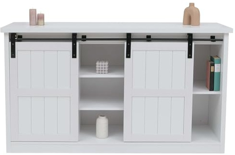 Mendler Sideboard HWC-K75, Highboard Regal Schrank Schiebetüre 7 Fächer Holz-Optik Industrial Metall 84x150x40cm - weiß
