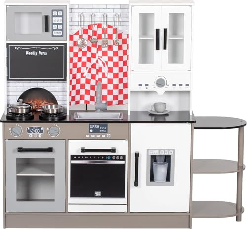 BRINJOY Cuisine en Bois avec Four, cuisinière, Lave-Linge, aperçue, Machine à glacer, ustensiles de Cuisson, Jeu de Cuisine de Jouets pour Petite Fille garçons âges 3+ (Blanc)