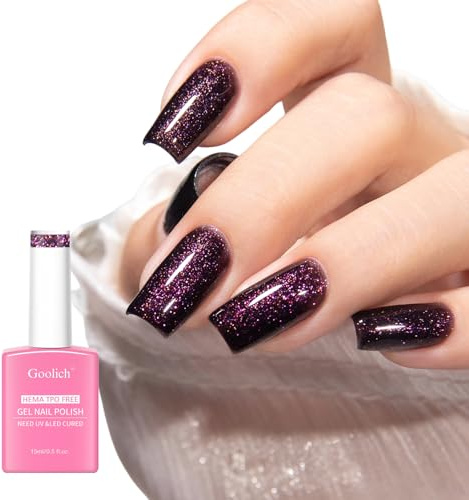 Goolich Smalto Semipermanente Unghie Viola Scuro Glitter, 15 ML Senza HEMA e TPO Smalto Gel Viola Scuro Scintillante Brillante per Unghie Rimovibile a Immersione UV LED