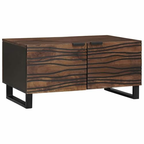 HETFTJN Table basse en bois massif noyer marron design moderne avec motif ondulé 80 x 50 x 40 cm Espace de rangement robuste avec 2 portes pour salon