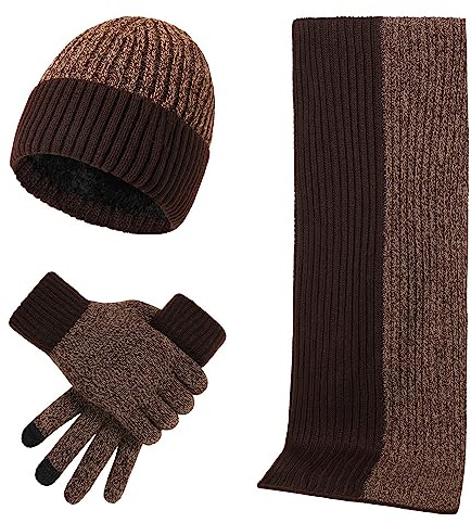 YAMEE Wintermütze Schal Handschuhe Set für Herren Mode Einfache,Damen Beanie Strickmütze Langer Schal Touchscreen Handschuhe,Weiches Strick-Set für Männer Frauen,Zweifarbige Design