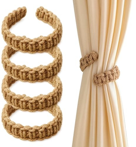 4 Stück Geflochtener Vorhang Raffhalter, Boho Vorhanghalter Handgestrickt, Handgestrickte Vorhanghalter, Dekorative Vorhangbinder aus Baumwollseil für Leichte Vorhänge, Wohnzimmer, Schlafzimmer, Büro