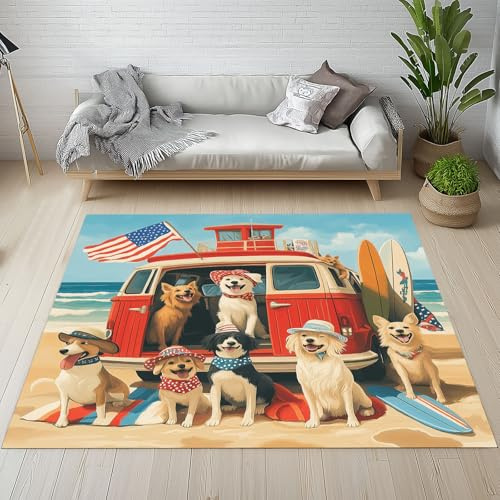 Dyjuaa Karikatur Hund Teppich Kurzflor 100x150 cm, Retro Autos Meer Strand Bettvorleger Weich rutschfest Waschbar, Teppiche für Wohnzimmer, Schlafzimmer, Esszimmer, Kinderzimmer