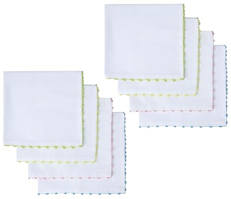 COTTON CRAFT Cloth Napkins - Set of 8 Soft 100% Cotton - White Napkins with Elegant Crochet Border Trim in Pink, Aqua, Yellow, Green – Easter Spring Summer Lunch Dinner Serviettes - Multicolor - 17x17