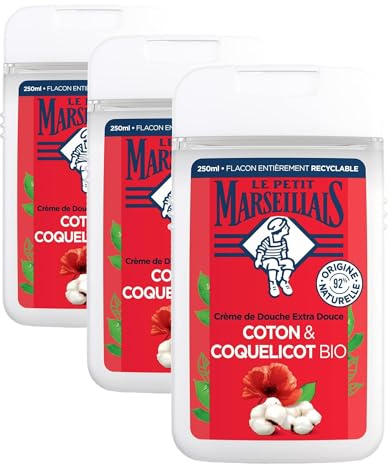 Le Petit Marseillais - Crème de Douche Extra Douce Coton & Coquelicot Bio (flacon de 250 ml) – Gel douche avec 92% d'ingrédients d'origine naturelle – pH neutre pour la peau et sans colorant