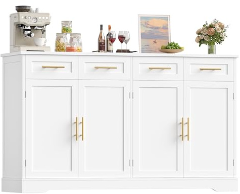 HOCSOK Sideboard, 150cm Kitchen Cabinet with 4 Drawers & 4 Doors, Wooden Kitchen Sideboard Storage Cabinet with Gold Handles, Storage Cupboard for Living Room, Dining Room, White 150x92x40 cm