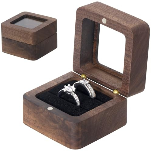 MFXIP Wooden Ring Box, 2 Slots Small Square Solid Wood Double Ring Holder Case Box, Vintage Ring Case for Wedding Rings, Perfect for Engagement, Proposal, Anniversary, Ceremony, and Gift Giving