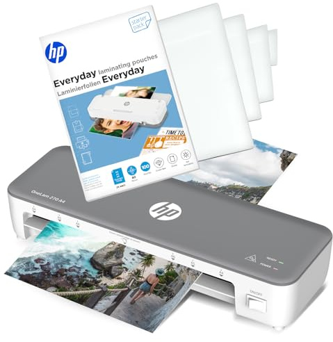 HP OneLam 270 Laminiergerät A4 + Everyday Laminierfolien, Starter Set, 80 Mic.| Heißlaminator Set mit 100x HP Folien 80 Mic | Foliergerät für Büro, Schule & Home Office | Schnelle Aufwärmzeit