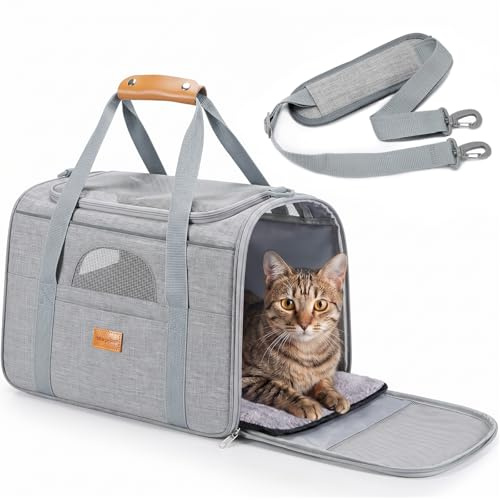 Morpilot Kattransportbur för stora katter och valpar upp till 6,8 kg, kattbur, hundväska med säkerhet, dragkedja, vikbar skål, transportlåda, katt, hund, för gång till veterinär, bilfogverktyg