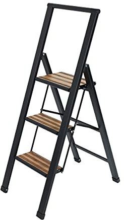 WENKO Leichte Alu-Design Klapptrittleiter 3 stufig, 75 cm höheren Stand, Rutschsichere XXL-Stufen, 44 x 127 x 5,5 cm, Schwarz