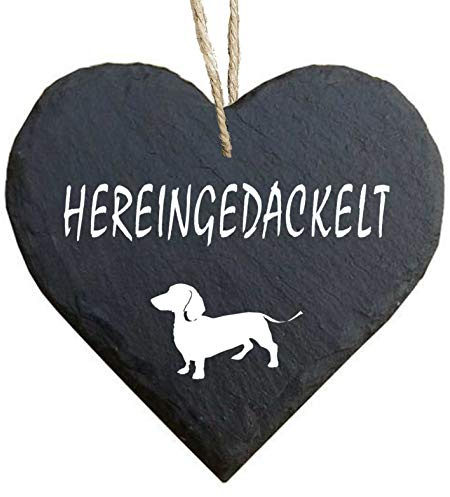 Homeyourself Herz Schieferherz Schiefer Schieferschild 10 x 10 cm Hereingedackelt schwarz Dekoschild Wandschild Schild Stein Willkommen