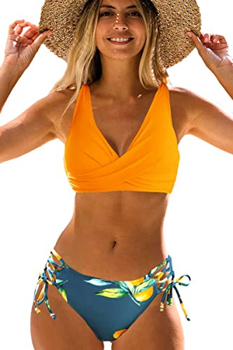 NLAND Costume da Bagno Donna Due Pezzi Push up Scollo a V Bikini Set Strappy Imbottito Reggiseno Backless Swimwear Spiaggia Mare Beachwear(Giallo,XL)