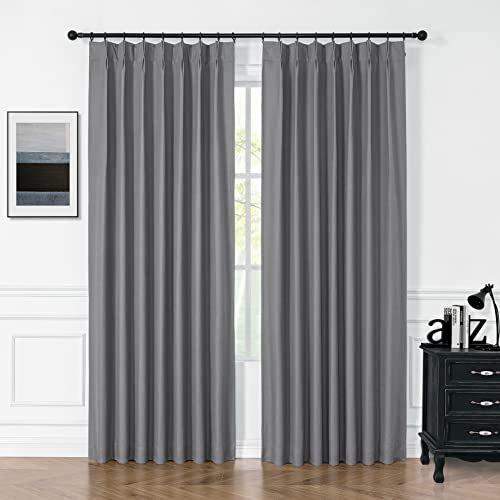 Vision Home Grey Pinch Pleated Blackout Curtain with Liner Cotton Ramie Thermal Insulated Curtain 63 inches for Bedroom Room Darkening Drapes Back Tab with 10 Hooks,38 Wx63 L,1 Panel