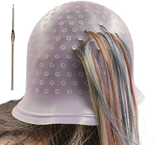 Losaria Highlighting Cap with Holes already in Silicone Reusable Highlighting Cap Hair Dye Cap with Holes Tipping Caps Hair Salon Hairdressing Highlight Cap and Hook Kit (Purple)