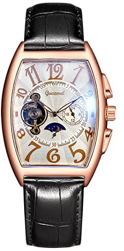 rorios Herren Uhren Mechanische Automatikuhr Skelett Mondphase Zifferblatt Militär Armbanduhr mit Lederband Roségold weiß