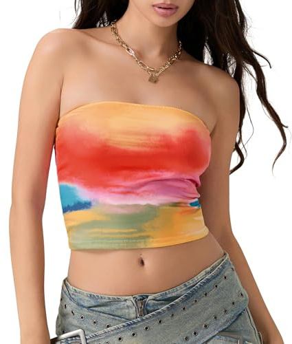 Y2k Tube Tops for Women Sexy Strapless Sleeveless Vintage Floral Print Crop Tank Aesthetic Backless Bandeau Fairy Cute Summer Going Out Boho Clothing (A-Orange Tie-dye, S)