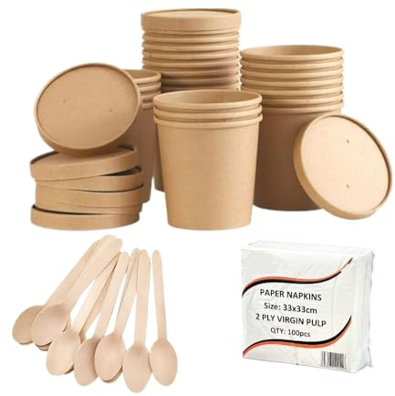 100 X 16oz Disposable Soup Cups with Lids + 100 Spoon + 100 Paper Napkins for Takeaway Eco-Friendly (16oz)