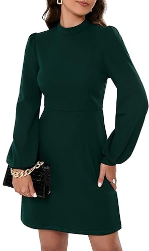 KOJOOIN Abito da Donna, Abito da Pentola Elegante per Business, Manica Lunga, Tinta Unita, Lungo fino al Ginocchio, Linea A, Vita Alta, Abito Avvolgente (Confezione Riutilizzabile), verde scuro, M