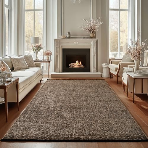 Carpettex Chenille Teppich Baumwolle Braun 160x230 cm Boho-Stil, Vintage Kelim, Waschbar, Kurzflor, rutschfest & Weich, Einfarbig Meliert, Für Wohnzimmer, Schlafzimmer, Büro & Küche