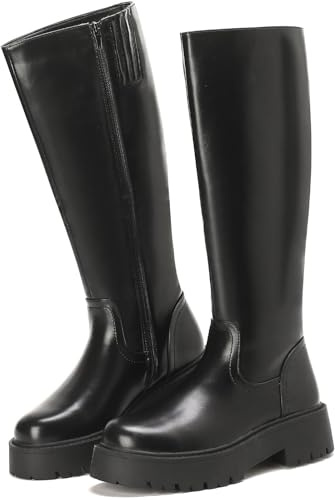 Putu Damen Stiefel Plateau Modische Reitstiefel mit Blockabsatz Profilsohle Leicht Bequem Elegante Hochschaftstiefel 38