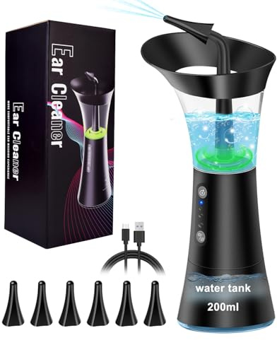 Mecmic Elektrischer Ohrenschmalz Entferner, IPX7 Wasserdichter Ohrreiniger-Set mit 4 Modi & DIY Wasserdruck-Ohrspülung - 6 Ohrspitzen im Set, Sicher für Erwachsene & Kinder, Schwarz