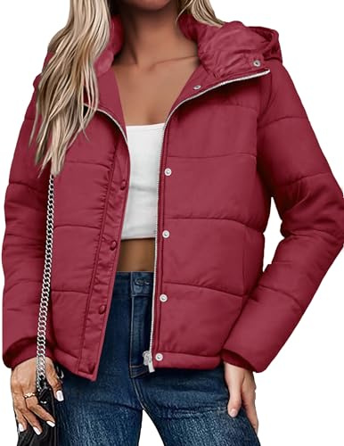 Zeagoo Chaqueta de invierno para mujer, abrigos de invierno cálidos, abrigos acolchados ligeros, abrigo corto, parka de invierno, chaqueta de entretiempo con capucha S-XXL, rojo, XS