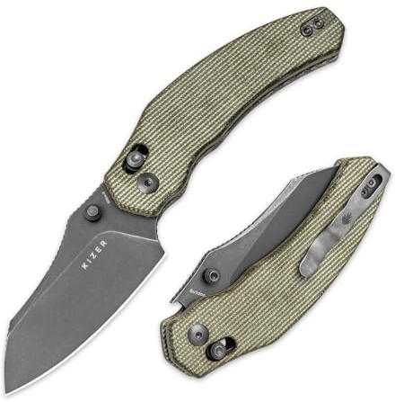 Kizer Bulldog Couteau de Poche, Couteaux Pliable à Lame Nitro V de 7,62cm Manche en Micarta, Couteau de Camping et de Randonnée avec Clip Réversible, Non-automatique, Petits Couteaux EDC V3672A3