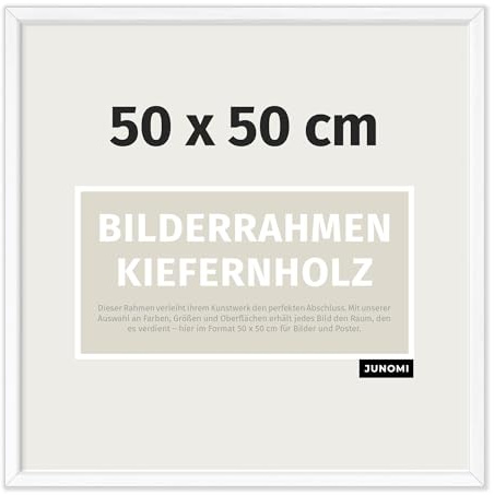 JUNOMI® Bilderrahmen 50x50 cm Holz | Farbe Weiß | Posterrahmen | Quadratischer Rahmen für Poster und Fotos. Kiefernholz mit bruchsicherem Acrylglas, Profilbreite 1,3 cm, aufhängefertig