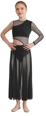 Miaeowve Abito Lirico per Ragazze in Chiffon, Abito da Ballo a Spalla Singola, Abito da Balletto con Tagli, Abito da Pattinaggio per Allenamento, Abbigliamento da Danza, Nero , 158 cm-164 cm
