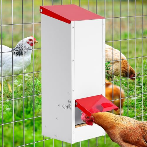 MUYIRTED Comedero Gallinas Anti Ratas, 3kg Dispensador Automático de Alimentos, Metal, Colgante, Tolva para Aves de Corral y Pollitos, Rojo, Impermeable, Antidesperdicio