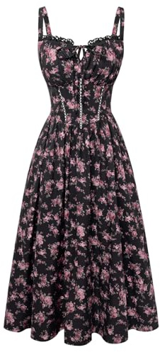 Scarlet Darkness Women 2026 Floral Corset Dress Summer Milkmaid Sundress Wedding Guest Dresses with Pockets Black Pink Floral M